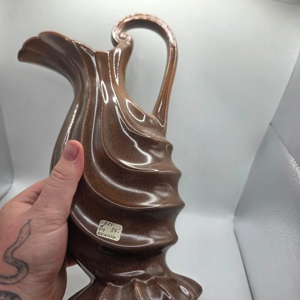 Red Wing Pottery 819 Brown Flecked Swirl Pitcher Vase Mid Century Modern Ceramic